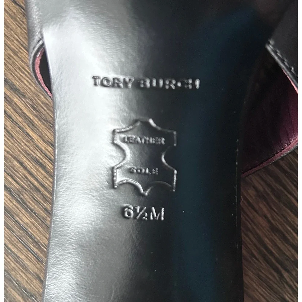 Tory Burch Black Leather Slingback Kitten Heel Pointed Toe Pump Logo 6.5M 8913